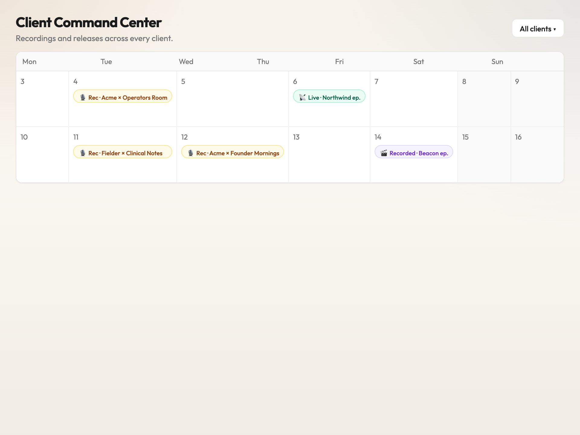 A booking calendar showing recording days and release days across clients.