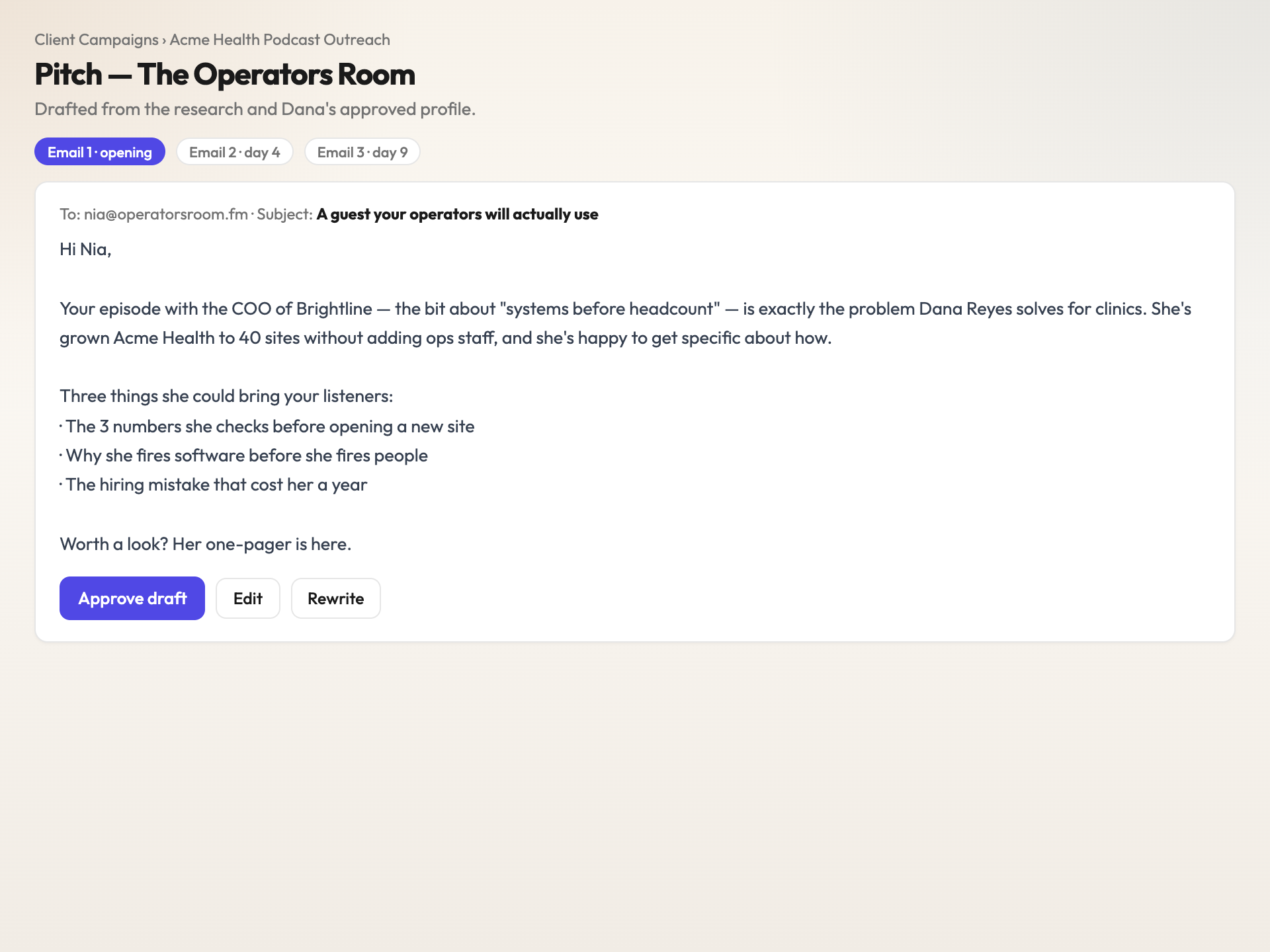 A drafted pitch sequence of three emails for one show, open for editing.